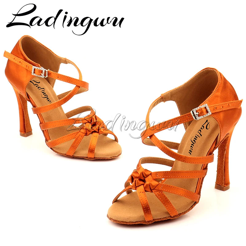 Ladingwu Bronze Silk Satin Latin Dance Shoes Olassic Four-band Knot Salsa Dance Shoes Ballroom Tango Dance Shoes