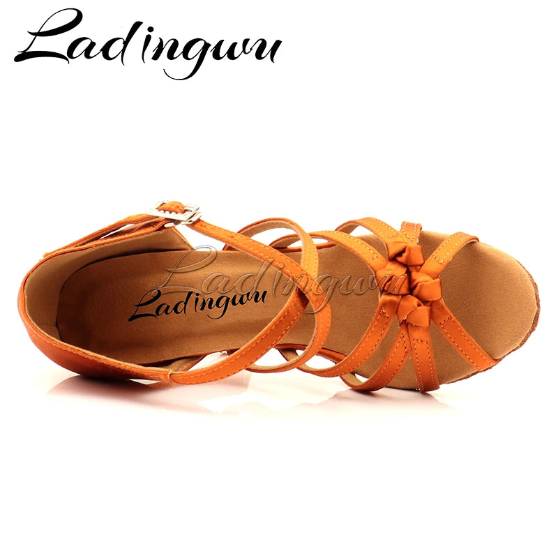 Ladingwu Bronze Silk Satin Latin Dance Shoes Olassic Four-band Knot Salsa Dance Shoes Ballroom Tango Dance Shoes