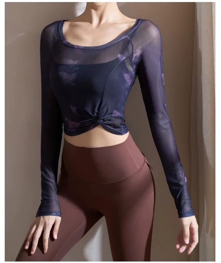 Women's Flower Butterfly Mesh Long Sleeve Sports T-shirt Two-Piece Yoga Dress with Chest Mat Speed Dry Fitness Clothing